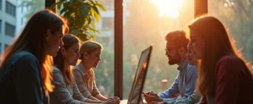 In einem modern gestalteten, lichtdurchfluteten Büro spiegeln sich die konzentrierten Gesichter von Entwickler:innen und Forschenden wider, die gemeinsam um einen hellen Monitor versammelt sind, während warme Sonnenstrahlen durch große Fenster fallen und die spannende Schnittstelle zwischen menschlicher Kontrolle und hochentwickelter KI-Technologie lebendig machen.