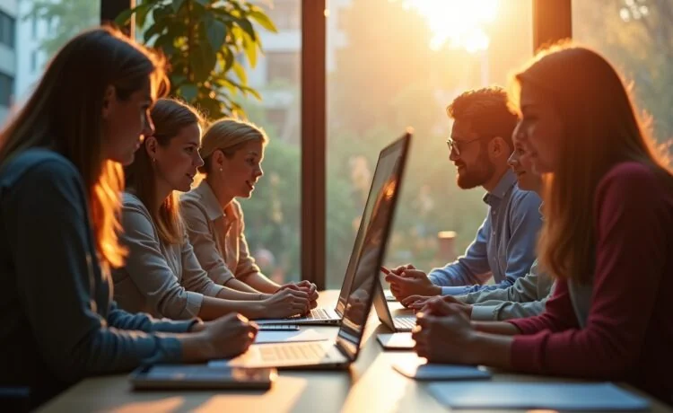 In einem modern gestalteten, lichtdurchfluteten Büro spiegeln sich die konzentrierten Gesichter von Entwickler:innen und Forschenden wider, die gemeinsam um einen hellen Monitor versammelt sind, während warme Sonnenstrahlen durch große Fenster fallen und die spannende Schnittstelle zwischen menschlicher Kontrolle und hochentwickelter KI-Technologie lebendig machen.