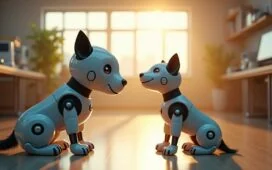 In einem sonnendurchfluteten Laborraum interagiert ein moderner, beweglicher Roboterhund mit einem neugierig lächelnden Ingenieur, umgeben von fein gearbeiteten technischen Details und warmem, natürlichem Licht, das eine freundliche und hoffnungsvolle Atmosphäre schafft.