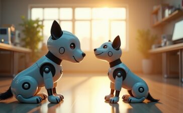 In einem sonnendurchfluteten Laborraum interagiert ein moderner, beweglicher Roboterhund mit einem neugierig lächelnden Ingenieur, umgeben von fein gearbeiteten technischen Details und warmem, natürlichem Licht, das eine freundliche und hoffnungsvolle Atmosphäre schafft.