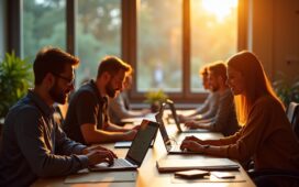 Ein hell erleuchtetes, modernes Büro mit einem Team engagierter Entwickler, die konzentriert an Laptops arbeiten, umgeben von Holz und warmem Tageslicht, das eine freundliche, produktive Atmosphäre schafft und die klare Struktur von sauber organisiertem Softwareprojekt symbolisiert.