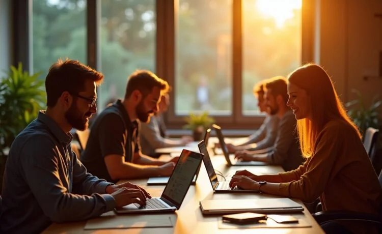 Ein hell erleuchtetes, modernes Büro mit einem Team engagierter Entwickler, die konzentriert an Laptops arbeiten, umgeben von Holz und warmem Tageslicht, das eine freundliche, produktive Atmosphäre schafft und die klare Struktur von sauber organisiertem Softwareprojekt symbolisiert.