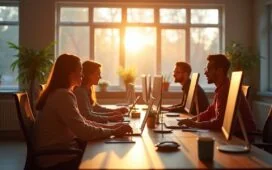 Ein strahlend helles Büro mit entspannten IT-Profis verschiedener Herkunft, die bei warmem Morgenlicht konzentriert an modernen Computern arbeiten und gemeinsam Lösungen für Netzwerkausfälle diskutieren, während eine offene Fensterfront sanftes Tageslicht hereinfluten lässt und eine einladende Atmosphäre der digitalen Vernetzung und Teamstärke schafft.