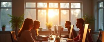 Ein strahlend helles Büro mit entspannten IT-Profis verschiedener Herkunft, die bei warmem Morgenlicht konzentriert an modernen Computern arbeiten und gemeinsam Lösungen für Netzwerkausfälle diskutieren, während eine offene Fensterfront sanftes Tageslicht hereinfluten lässt und eine einladende Atmosphäre der digitalen Vernetzung und Teamstärke schafft.