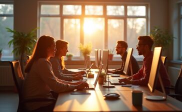 Ein strahlend helles Büro mit entspannten IT-Profis verschiedener Herkunft, die bei warmem Morgenlicht konzentriert an modernen Computern arbeiten und gemeinsam Lösungen für Netzwerkausfälle diskutieren, während eine offene Fensterfront sanftes Tageslicht hereinfluten lässt und eine einladende Atmosphäre der digitalen Vernetzung und Teamstärke schafft.