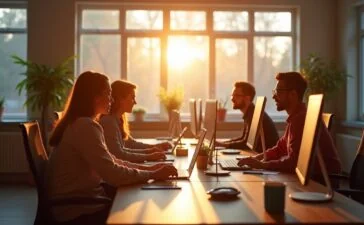 Ein strahlend helles Büro mit entspannten IT-Profis verschiedener Herkunft, die bei warmem Morgenlicht konzentriert an modernen Computern arbeiten und gemeinsam Lösungen für Netzwerkausfälle diskutieren, während eine offene Fensterfront sanftes Tageslicht hereinfluten lässt und eine einladende Atmosphäre der digitalen Vernetzung und Teamstärke schafft.