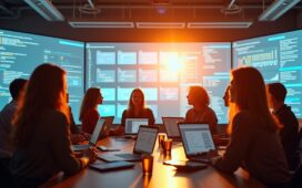 Ein hell erleuchtetes, modernes Büro mit jungen Entwicklern und IT-Expert:innen in angeregtem Austausch vor großen Bildschirmen, die komplexe Daten und Cloud-Architekturen visualisieren, in warmer Morgensonne mit lebendiger, einladender Atmosphäre, die Fortschritt, Vernetzung und die Zukunft von Cloud-Native-Technologien und KI widerspiegelt.