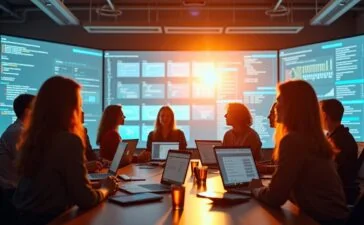 Ein hell erleuchtetes, modernes Büro mit jungen Entwicklern und IT-Expert:innen in angeregtem Austausch vor großen Bildschirmen, die komplexe Daten und Cloud-Architekturen visualisieren, in warmer Morgensonne mit lebendiger, einladender Atmosphäre, die Fortschritt, Vernetzung und die Zukunft von Cloud-Native-Technologien und KI widerspiegelt.