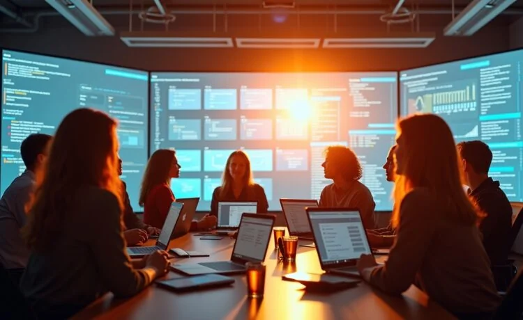 Ein hell erleuchtetes, modernes Büro mit jungen Entwicklern und IT-Expert:innen in angeregtem Austausch vor großen Bildschirmen, die komplexe Daten und Cloud-Architekturen visualisieren, in warmer Morgensonne mit lebendiger, einladender Atmosphäre, die Fortschritt, Vernetzung und die Zukunft von Cloud-Native-Technologien und KI widerspiegelt.