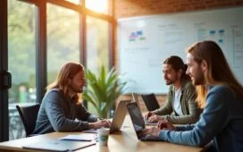 Ein sonnendurchflutetes, modernes Entwicklerbüro mit einem lächelnden Team, das konzentriert an Laptops arbeitet, umgeben von eleganter Technik und einem klaren Whiteboard, das den dynamischen Workflow und die innovative Automatisierung von Richtlinienprüfungen in der Softwareentwicklung lebendig widerspiegelt.