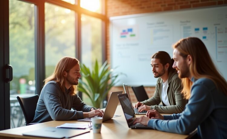 Ein sonnendurchflutetes, modernes Entwicklerbüro mit einem lächelnden Team, das konzentriert an Laptops arbeitet, umgeben von eleganter Technik und einem klaren Whiteboard, das den dynamischen Workflow und die innovative Automatisierung von Richtlinienprüfungen in der Softwareentwicklung lebendig widerspiegelt.