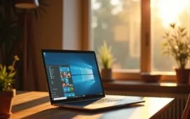 Ein modernes, hell ausgeleuchtetes Home-Office mit einem Laptop, auf dem das Windows-11-Interface mit geöffneter Taskleiste und einem freundlichen Nutzer in entspannter Pose natürlich mit dem neuen Copilot-KI-Assistenten interagiert, während sanftes Tageslicht durch ein großes Fenster fällt und eine warme, einladende Atmosphäre schafft.