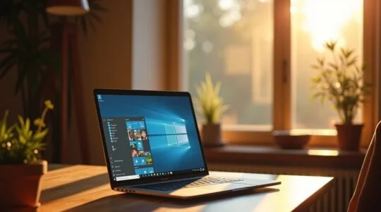 Ein modernes, hell ausgeleuchtetes Home-Office mit einem Laptop, auf dem das Windows-11-Interface mit geöffneter Taskleiste und einem freundlichen Nutzer in entspannter Pose natürlich mit dem neuen Copilot-KI-Assistenten interagiert, während sanftes Tageslicht durch ein großes Fenster fällt und eine warme, einladende Atmosphäre schafft.