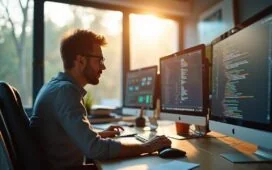 In einem freundlichen, hell erleuchteten Büro sitzen engagierte IT-Sicherheitsexperten mittleren Alters vor mehreren Bildschirmen mit digitalem Datenfluss, während natürliches Tageslicht durch große Fenster fällt und so eine Atmosphäre von Hoffnung, Zusammenarbeit und zukunftsgerichteter Forschung ausstrahlt.