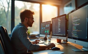 In einem freundlichen, hell erleuchteten Büro sitzen engagierte IT-Sicherheitsexperten mittleren Alters vor mehreren Bildschirmen mit digitalem Datenfluss, während natürliches Tageslicht durch große Fenster fällt und so eine Atmosphäre von Hoffnung, Zusammenarbeit und zukunftsgerichteter Forschung ausstrahlt.