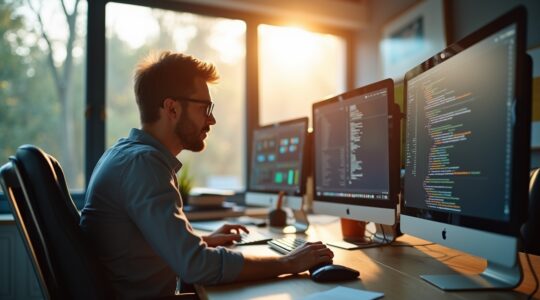 In einem freundlichen, hell erleuchteten Büro sitzen engagierte IT-Sicherheitsexperten mittleren Alters vor mehreren Bildschirmen mit digitalem Datenfluss, während natürliches Tageslicht durch große Fenster fällt und so eine Atmosphäre von Hoffnung, Zusammenarbeit und zukunftsgerichteter Forschung ausstrahlt.