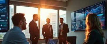 Ein sonnendurchflutetes, modernes Büro mit fokussierten Führungskräften in lebhafter Diskussion über digitale Sicherheitsstrategien, umgeben von Bildschirmen mit Finanzdaten und Aktiengraphen, die in natürlichem Licht eine Atmosphäre von Zuversicht, Verantwortung und kollegialer Zusammenarbeit ausstrahlen.