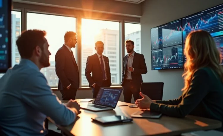 Ein sonnendurchflutetes, modernes Büro mit fokussierten Führungskräften in lebhafter Diskussion über digitale Sicherheitsstrategien, umgeben von Bildschirmen mit Finanzdaten und Aktiengraphen, die in natürlichem Licht eine Atmosphäre von Zuversicht, Verantwortung und kollegialer Zusammenarbeit ausstrahlen.