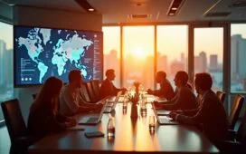 In einem hell erleuchteten, modernen Konferenzraum arbeiten international zusammengesetzte Ermittlerteams konzentriert an großen Bildschirmen mit digitalen Karten und Datenströmen, während warme Sonnenstrahlen durch die Fenster fallen und eine Atmosphäre von Vertrauen, Kooperation und lösungsorientiertem Fortschritt schaffen.