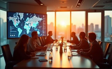 In einem hell erleuchteten, modernen Konferenzraum arbeiten international zusammengesetzte Ermittlerteams konzentriert an großen Bildschirmen mit digitalen Karten und Datenströmen, während warme Sonnenstrahlen durch die Fenster fallen und eine Atmosphäre von Vertrauen, Kooperation und lösungsorientiertem Fortschritt schaffen.