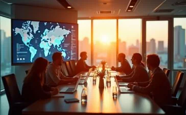 In einem hell erleuchteten, modernen Konferenzraum arbeiten international zusammengesetzte Ermittlerteams konzentriert an großen Bildschirmen mit digitalen Karten und Datenströmen, während warme Sonnenstrahlen durch die Fenster fallen und eine Atmosphäre von Vertrauen, Kooperation und lösungsorientiertem Fortschritt schaffen.