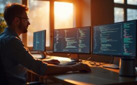 In einem modernen, hell erleuchteten Büroraum sitzt ein konzentrierter Entwickler vor mehreren Bildschirmen mit klar erkennbaren Codeschnipseln, umgeben von warmem Tageslicht, das durch große Fenster fällt und eine freundliche, kollaborative Stimmung vermittelt, welche die komplexe Sicherheit und innovative Vernetzung moderner Backend-for-Frontend-Architekturen symbolisiert.