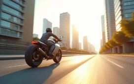 Ein strahlend sonnendurchflutetes urbanes Panorama zeigt ein futuristisches, leichtes Jetbike elegant über einer belebten Stadtstraße schwebend, wobei der glatte Karbonrahmen im sanften Tageslicht glänzt und im Hintergrund moderne Hochhäuser und klare Himmel eine optimistische Vision der urbanen Mobilität der Zukunft entwerfen.