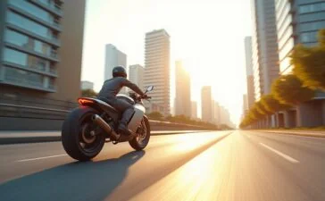 Ein strahlend sonnendurchflutetes urbanes Panorama zeigt ein futuristisches, leichtes Jetbike elegant über einer belebten Stadtstraße schwebend, wobei der glatte Karbonrahmen im sanften Tageslicht glänzt und im Hintergrund moderne Hochhäuser und klare Himmel eine optimistische Vision der urbanen Mobilität der Zukunft entwerfen.