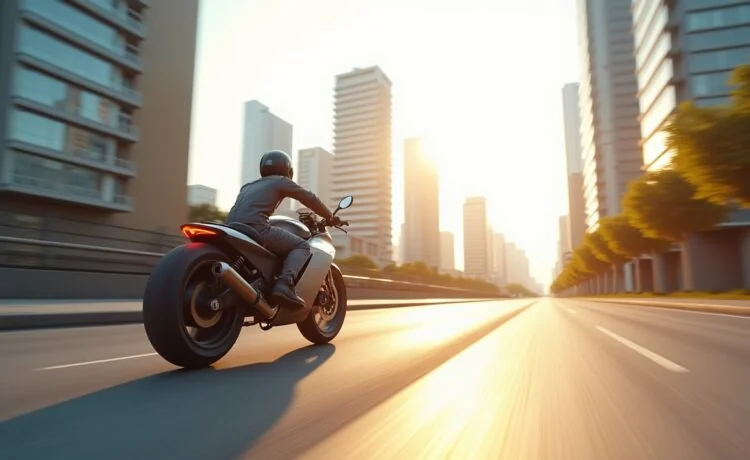 Ein strahlend sonnendurchflutetes urbanes Panorama zeigt ein futuristisches, leichtes Jetbike elegant über einer belebten Stadtstraße schwebend, wobei der glatte Karbonrahmen im sanften Tageslicht glänzt und im Hintergrund moderne Hochhäuser und klare Himmel eine optimistische Vision der urbanen Mobilität der Zukunft entwerfen.