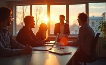 Ein hell erleuchtetes, modernes Büro mit jungen Fachleuten in angeregtem Gespräch vor großen Fenstern, die den aufkeimenden Wandel und die Chancen einer neuen technologischen Ära im Schein warmen Tageslichts einfangen.