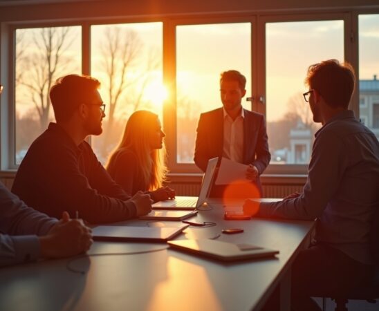 Ein hell erleuchtetes, modernes Büro mit jungen Fachleuten in angeregtem Gespräch vor großen Fenstern, die den aufkeimenden Wandel und die Chancen einer neuen technologischen Ära im Schein warmen Tageslichts einfangen.