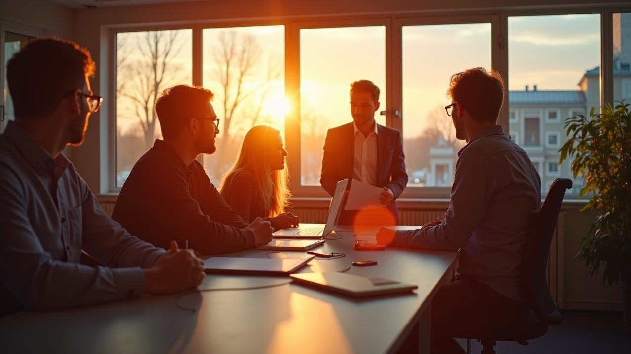 Ein hell erleuchtetes, modernes Büro mit jungen Fachleuten in angeregtem Gespräch vor großen Fenstern, die den aufkeimenden Wandel und die Chancen einer neuen technologischen Ära im Schein warmen Tageslichts einfangen.