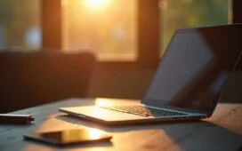 Ein heller, freundlich beleuchteter Arbeitsplatz mit einem geöffneten Laptop, daneben ein Smartphone und USB-Sticks, umgeben von warmem Morgenlicht, das die wichtige, verantwortungsvolle Atmosphäre der sicheren Datenlöschung in moderner IT-Arbeit widerspiegelt.