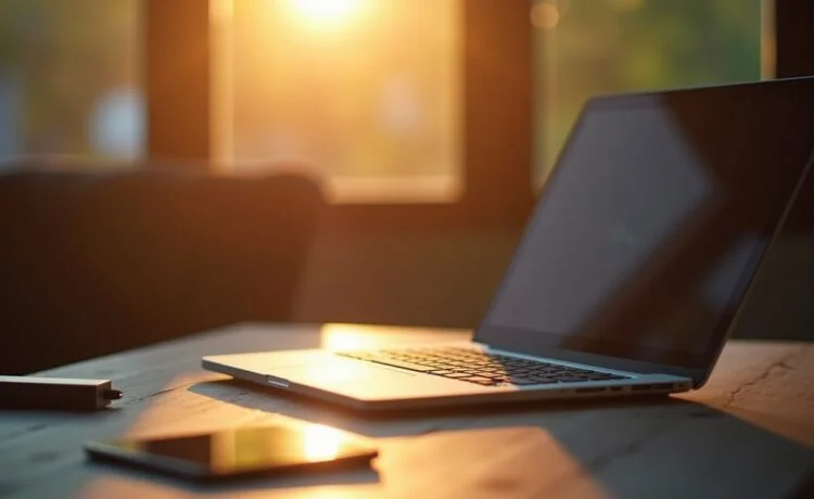 Ein heller, freundlich beleuchteter Arbeitsplatz mit einem geöffneten Laptop, daneben ein Smartphone und USB-Sticks, umgeben von warmem Morgenlicht, das die wichtige, verantwortungsvolle Atmosphäre der sicheren Datenlöschung in moderner IT-Arbeit widerspiegelt.