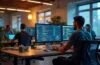 Ein modern eingerichteter Arbeitsplatz mit entspannt konzentriertem Entwicklerteam vor hell erleuchteten Monitoren, die Codezeilen und Diagramme zeigen, dabei strahlt warmes, natürliches Tageslicht eine freundliche Atmosphäre der sorgfältigen Zusammenarbeit und IT-Sicherheit aus.