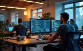 Ein modern eingerichteter Arbeitsplatz mit entspannt konzentriertem Entwicklerteam vor hell erleuchteten Monitoren, die Codezeilen und Diagramme zeigen, dabei strahlt warmes, natürliches Tageslicht eine freundliche Atmosphäre der sorgfältigen Zusammenarbeit und IT-Sicherheit aus.