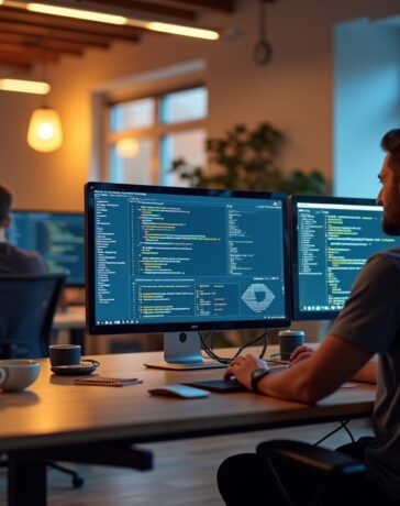 Ein modern eingerichteter Arbeitsplatz mit entspannt konzentriertem Entwicklerteam vor hell erleuchteten Monitoren, die Codezeilen und Diagramme zeigen, dabei strahlt warmes, natürliches Tageslicht eine freundliche Atmosphäre der sorgfältigen Zusammenarbeit und IT-Sicherheit aus.