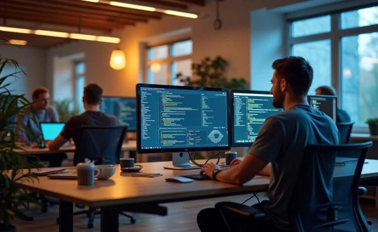 Ein modern eingerichteter Arbeitsplatz mit entspannt konzentriertem Entwicklerteam vor hell erleuchteten Monitoren, die Codezeilen und Diagramme zeigen, dabei strahlt warmes, natürliches Tageslicht eine freundliche Atmosphäre der sorgfältigen Zusammenarbeit und IT-Sicherheit aus.