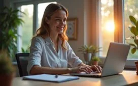 Eine warme, einladende Szene in einem modernen Home-Office, in der eine lächelnde junge Frau mit natürlichem Tageslicht am Schreibtisch sitzt und konzentriert auf ihrem Laptop einen Datenleck-Scanner benutzt, um ihre digitale Sicherheit zu prüfen.