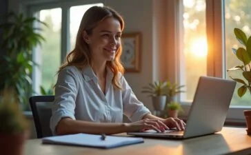 Eine warme, einladende Szene in einem modernen Home-Office, in der eine lächelnde junge Frau mit natürlichem Tageslicht am Schreibtisch sitzt und konzentriert auf ihrem Laptop einen Datenleck-Scanner benutzt, um ihre digitale Sicherheit zu prüfen.