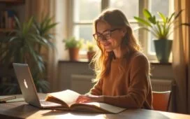 Eine warmbeleuchtete Aufnahme zeigt eine junge Frau in einem hellen, freundlichen Büro, die mit einem offenen Märchenbuch und einem modernen Laptop auf dem Tisch lächelnd zwischen analoger Geschichte und digitaler Welt vermittelt, wobei sanftes Tageslicht durch das Fenster fällt und eine Atmosphäre von Vertrauen und inspirierendem Lernen schafft.