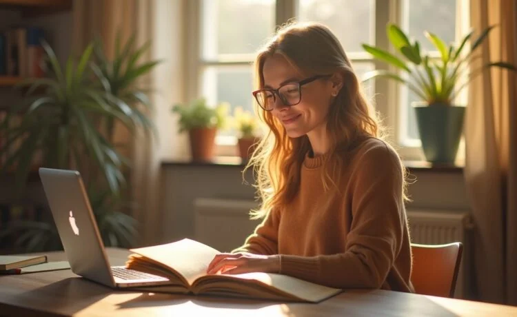Eine warmbeleuchtete Aufnahme zeigt eine junge Frau in einem hellen, freundlichen Büro, die mit einem offenen Märchenbuch und einem modernen Laptop auf dem Tisch lächelnd zwischen analoger Geschichte und digitaler Welt vermittelt, wobei sanftes Tageslicht durch das Fenster fällt und eine Atmosphäre von Vertrauen und inspirierendem Lernen schafft.