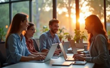 Ein hell erleuchtetes, modernes Büro mit freundlichen Mitarbeitenden, die konzentriert an Laptops und Tablets arbeiten, umgeben von großen Fenstern, die warmes Tageslicht hereinlassen und so eine Atmosphäre von Vertrauen, Transparenz und digitalem Fortschritt vermitteln.