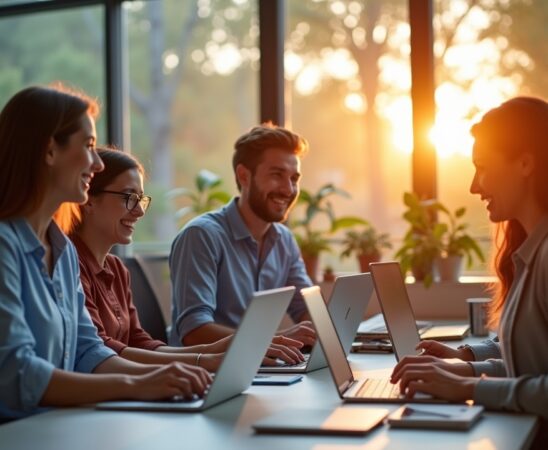 Ein hell erleuchtetes, modernes Büro mit freundlichen Mitarbeitenden, die konzentriert an Laptops und Tablets arbeiten, umgeben von großen Fenstern, die warmes Tageslicht hereinlassen und so eine Atmosphäre von Vertrauen, Transparenz und digitalem Fortschritt vermitteln.