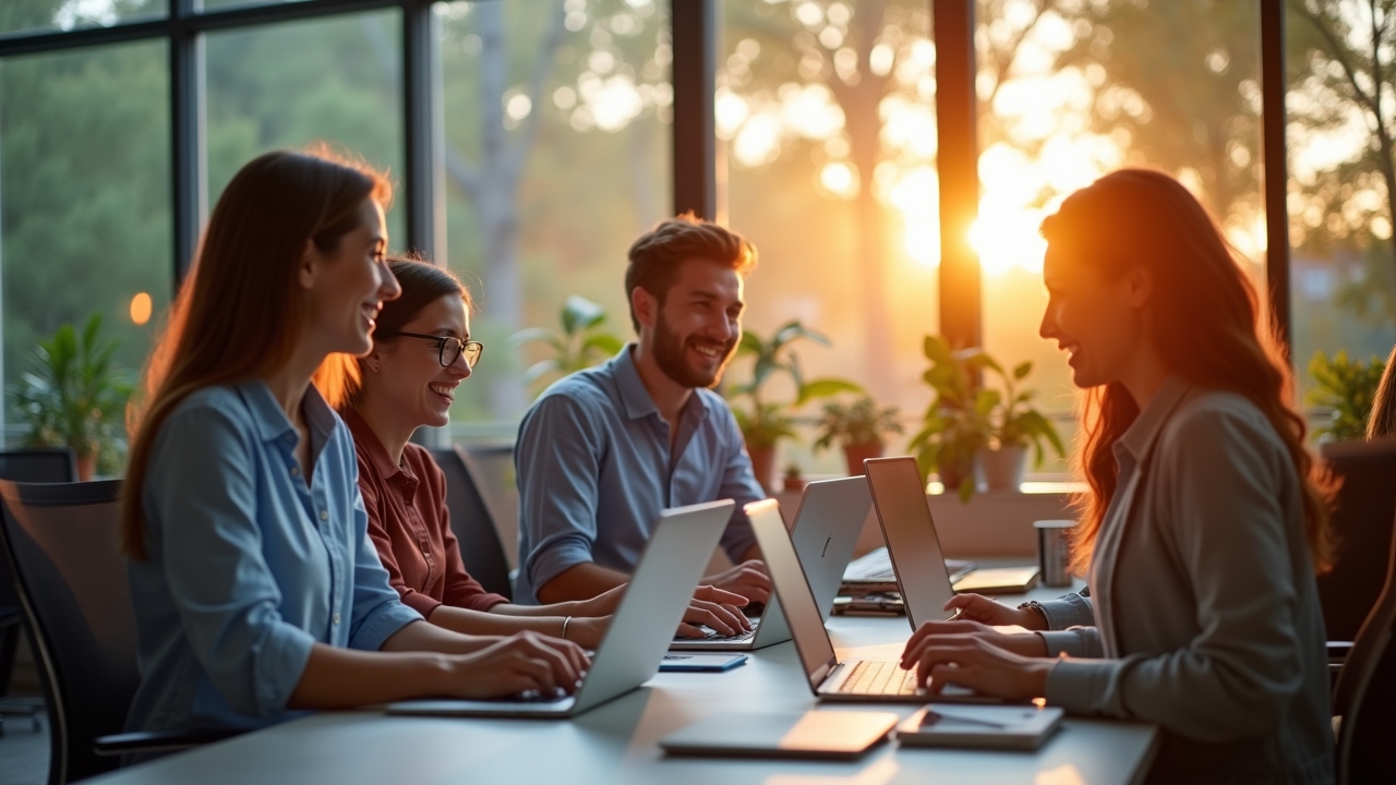 Ein hell erleuchtetes, modernes Büro mit freundlichen Mitarbeitenden, die konzentriert an Laptops und Tablets arbeiten, umgeben von großen Fenstern, die warmes Tageslicht hereinlassen und so eine Atmosphäre von Vertrauen, Transparenz und digitalem Fortschritt vermitteln.