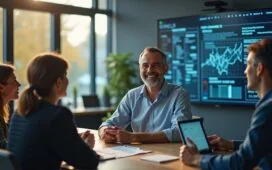Ein hell erleuchtetes, modernes Büro mit natürlichem Tageslicht, in dem ein nachdenklich lächelnder Mann mittleren Alters in smart-casual Kleidung vor einem großen Bildschirm sitzt, umgeben von Notizen und Technik, die eine lebendige Diskussion über KI-Transparenz und Innovation widerspiegelt und dabei eine warme, einladende Atmosphäre schafft.