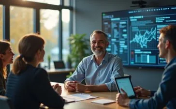 Ein hell erleuchtetes, modernes Büro mit natürlichem Tageslicht, in dem ein nachdenklich lächelnder Mann mittleren Alters in smart-casual Kleidung vor einem großen Bildschirm sitzt, umgeben von Notizen und Technik, die eine lebendige Diskussion über KI-Transparenz und Innovation widerspiegelt und dabei eine warme, einladende Atmosphäre schafft.