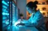 Ein heller, freundlicher Laborraum mit modernem photonischen Quantencomputersystem aus siliziumbasierten Mikrochips und optischen Fasern, in dem Forscherin im weißen Kittel konzentriert an einem leuchtenden, detailreichen Experiment mit sanft strahlenden Lichtquanten arbeitet, umgeben von natürlichem Tageslicht und edlem, warmem Holzmöbel-Ambiente.