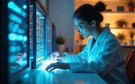 Ein heller, freundlicher Laborraum mit modernem photonischen Quantencomputersystem aus siliziumbasierten Mikrochips und optischen Fasern, in dem Forscherin im weißen Kittel konzentriert an einem leuchtenden, detailreichen Experiment mit sanft strahlenden Lichtquanten arbeitet, umgeben von natürlichem Tageslicht und edlem, warmem Holzmöbel-Ambiente.