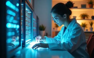 Ein heller, freundlicher Laborraum mit modernem photonischen Quantencomputersystem aus siliziumbasierten Mikrochips und optischen Fasern, in dem Forscherin im weißen Kittel konzentriert an einem leuchtenden, detailreichen Experiment mit sanft strahlenden Lichtquanten arbeitet, umgeben von natürlichem Tageslicht und edlem, warmem Holzmöbel-Ambiente.